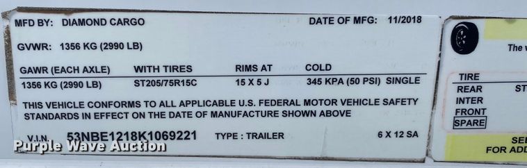 image for item JN9129 2019 Diamond  enclosed cargo trailer