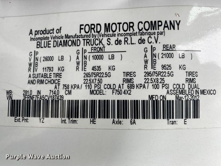 image for item JN9141 2012 Ford F750 Super Duty XL  box truck