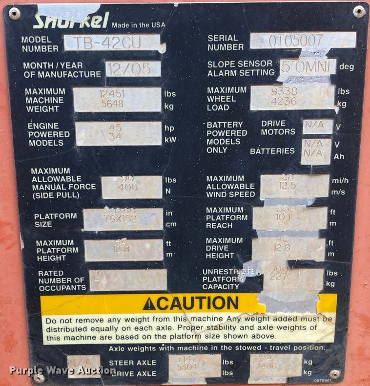 image for item DL1334 2006 Snorkel TB-42CU  boom lift