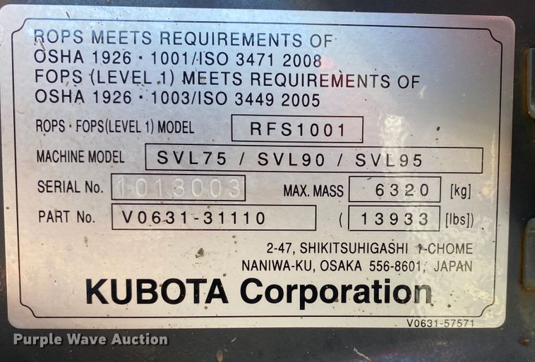 image for item DL6823 2017 Kubota SVL75-2  tracked skid steer loader