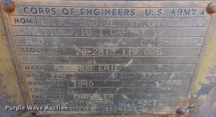image for item DL6854 1945 Bucyrus Erie 22B  crane