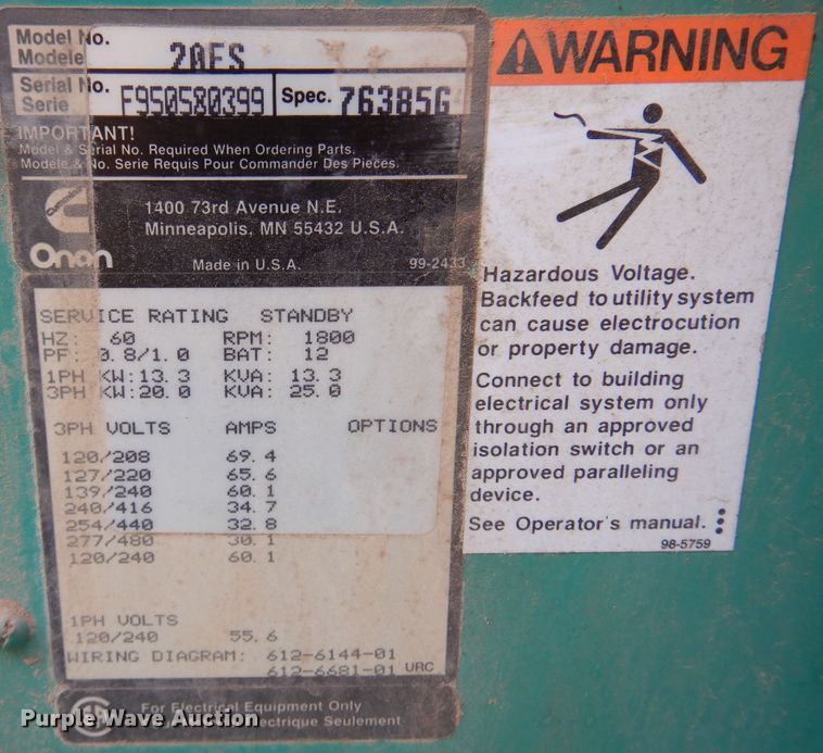 image for item JJ9799 Onan 20ES  generator