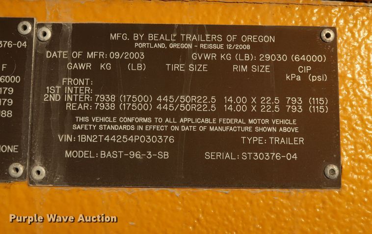 image for item IY9046 2004 Beall BAST-96-3-SB  tank trailer