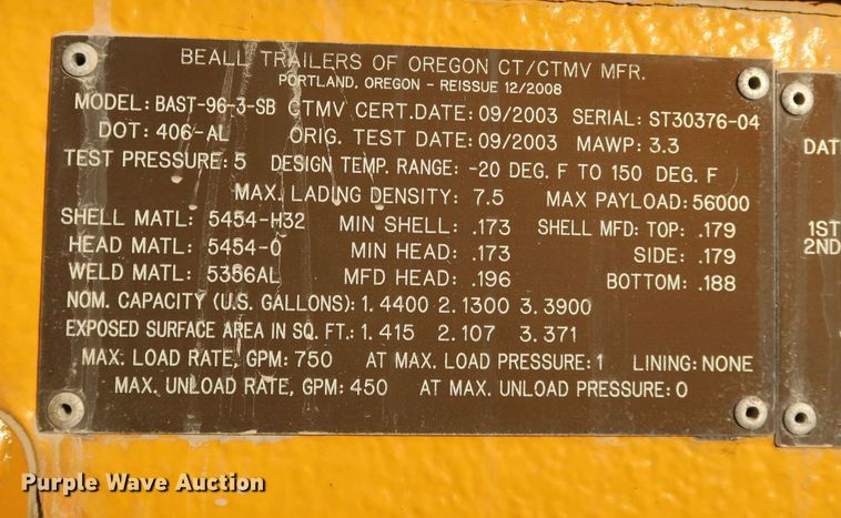 image for item IY9046 2004 Beall BAST-96-3-SB  tank trailer
