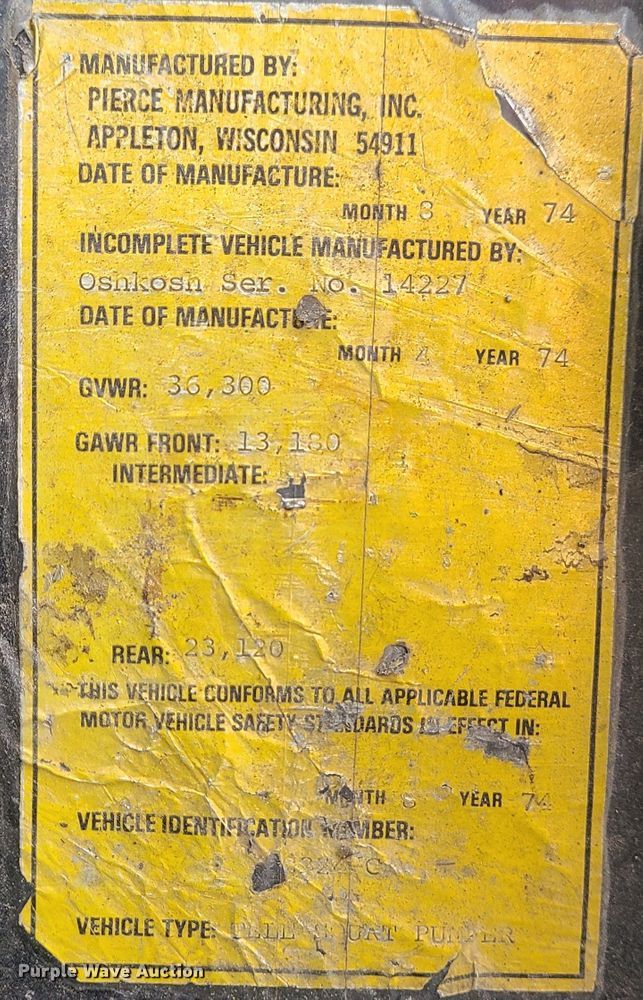 image for item GB9180 1974 Pierce A1823-301  pumper fire truck