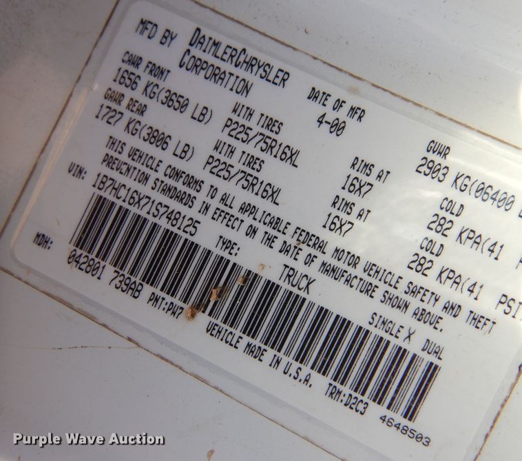 image for item KJ9459 2001 Dodge Ram 1500  pickup truck