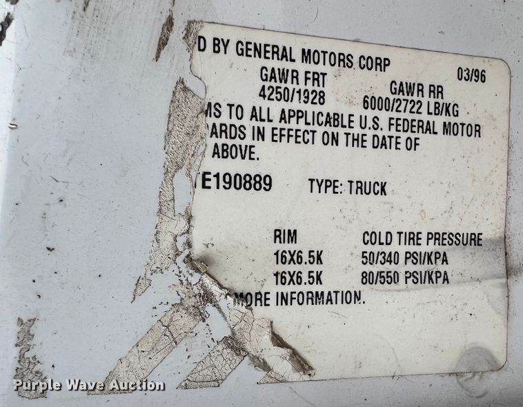 image for item KK9555 1991 Chevrolet 3500  box truck