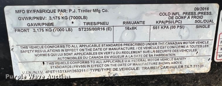 image for item KK9678 2017 PJ  utility trailer