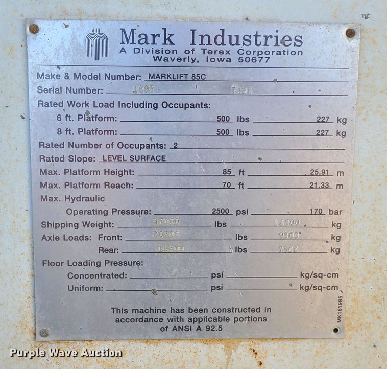 image for item GB9170 1997 Mark Industries 85C  boom lift