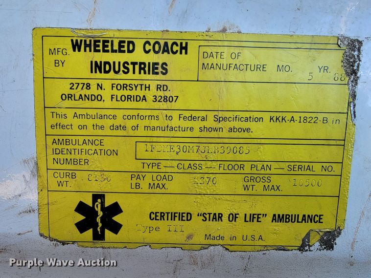 image for item JE9113 1988 Ford E350  ambulance