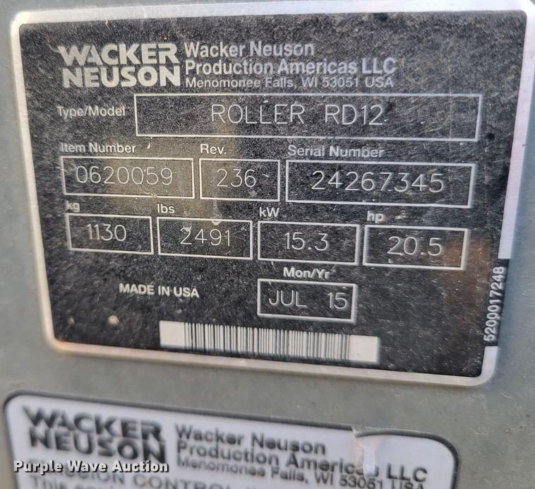 image for item DI1166 2015 Wacker Neuson RD12  double drum vibratory roller