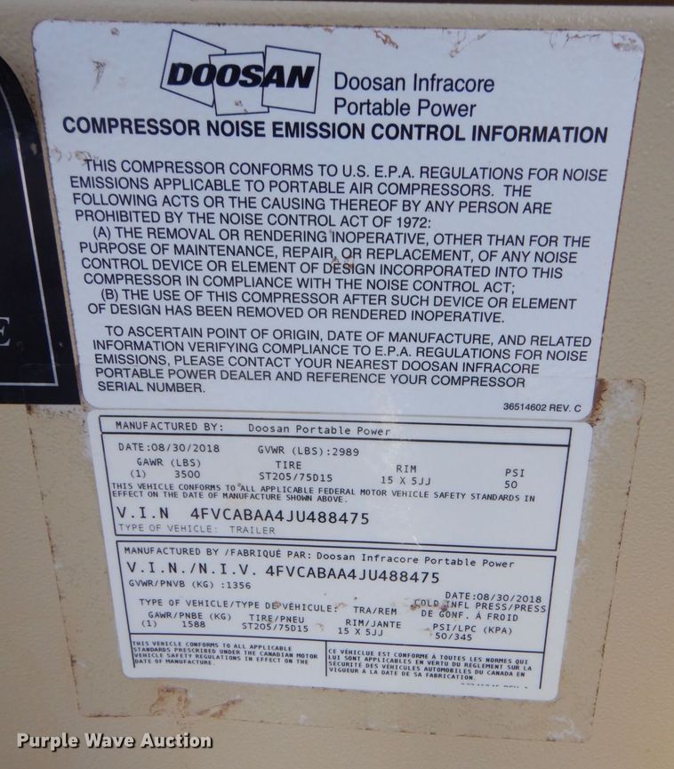 image for item DK8733 2018 Doosan P185WDO-T4F  air compressor