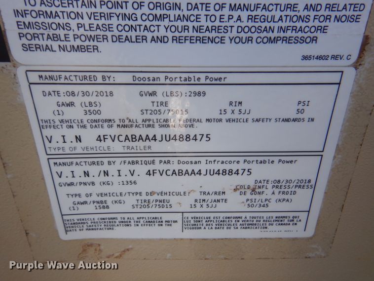 image for item DK8733 2018 Doosan P185WDO-T4F  air compressor