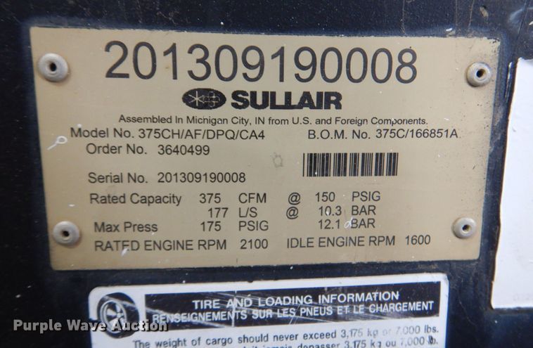image for item DK8735 2013 Sullair 375CHAFDPQCA4  air compressor
