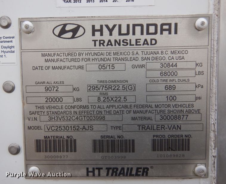 image for item DR1092 2016 Hyundai Translead  dry van trailer