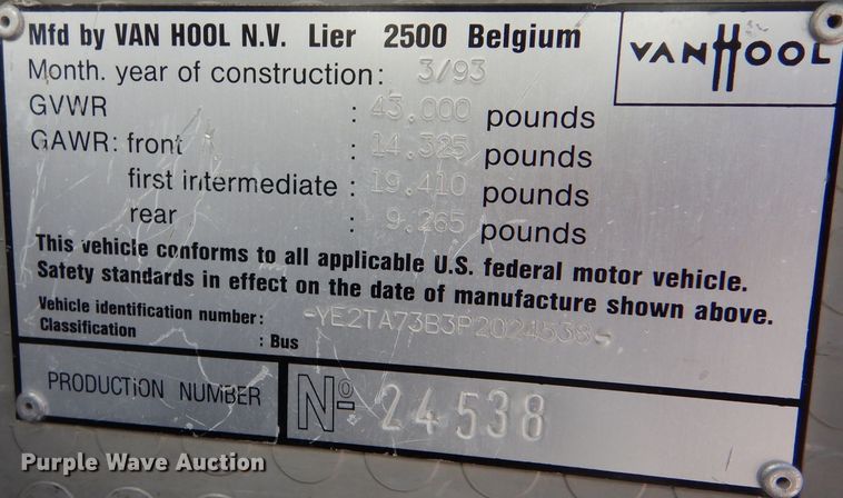 image for item IE9554 1993 Van Hool T840  coach bus