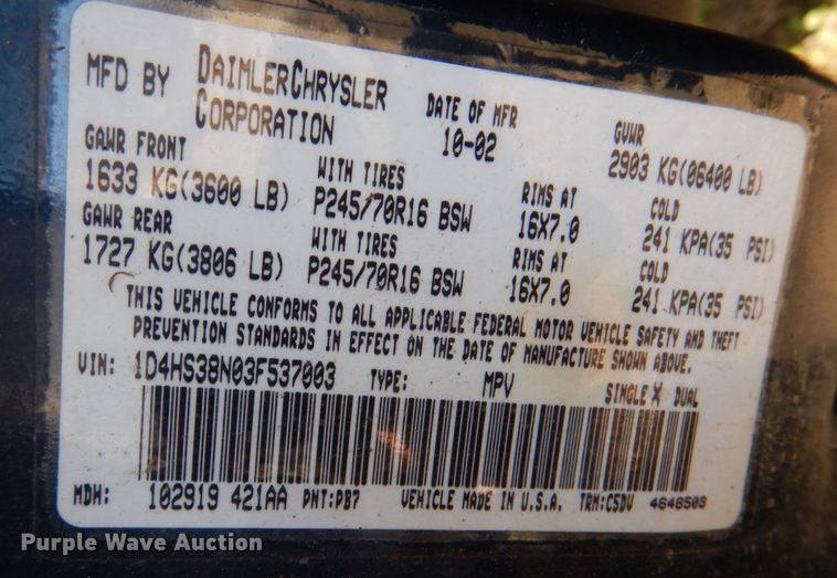 image for item JS9767 2003 Dodge Durango  SUV