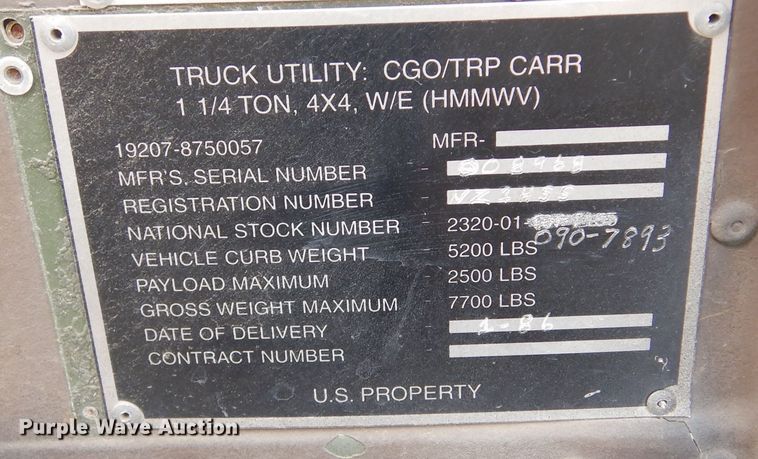 image for item KS9319 1994 Am General HMMWV  SUV