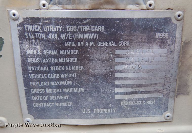 image for item KS9321 1987 Am General HMMWV  SUV