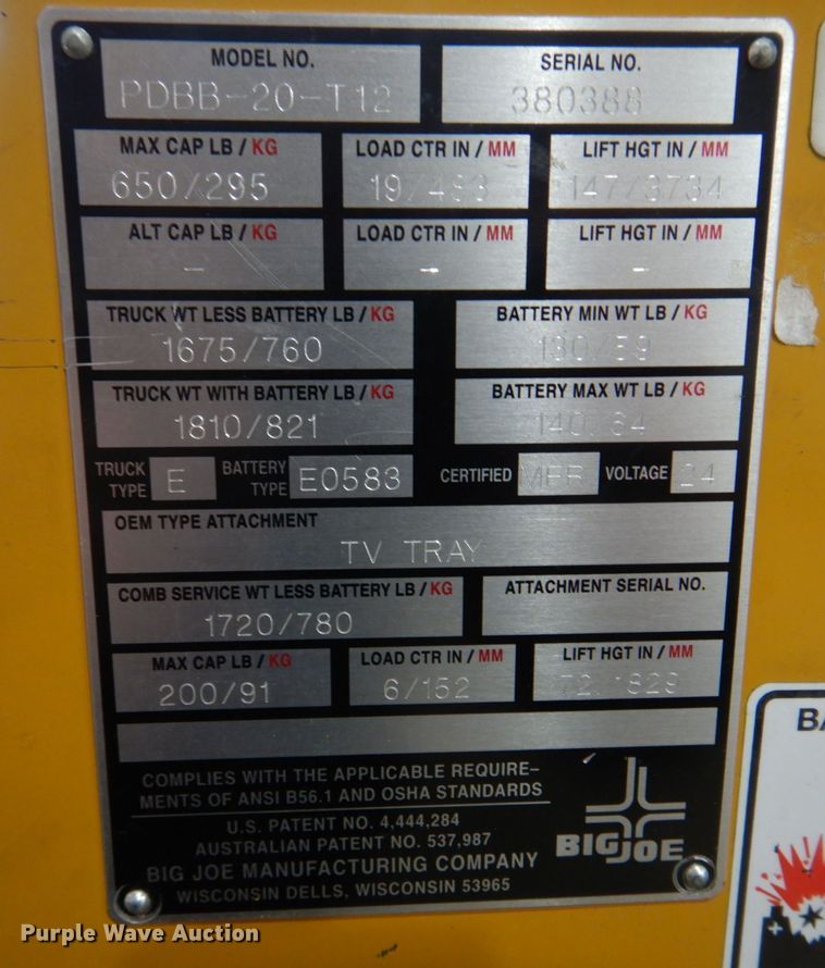 image for item DH8169 Big Joe PDBB-20-T12  order picker