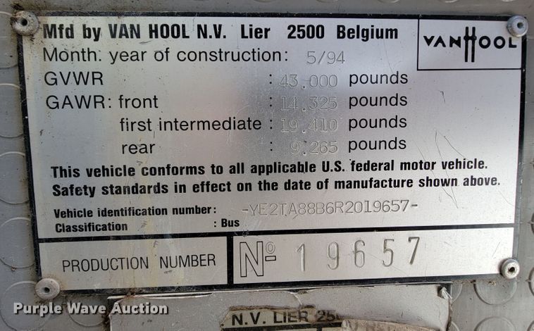 image for item HR9495 1994 Van Hool T815  coach bus