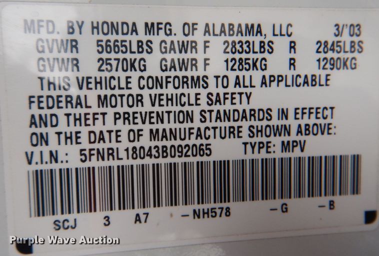 image for item IG9681 2003 Honda Odyssey  van