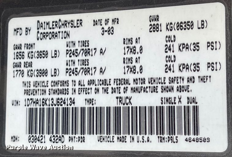 image for item IJ9502 2003 Dodge Ram 1500  pickup truck