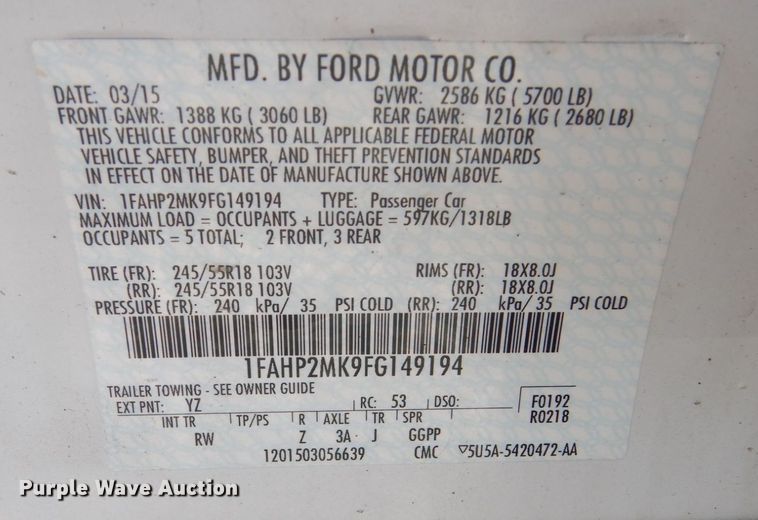 image for item JJ9392 2015 Ford Taurus Police