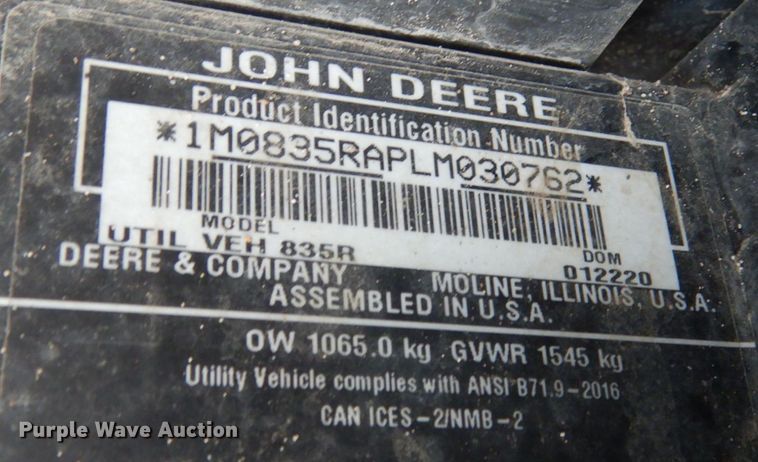 image for item JK9838 2020 John Deere XUV835R  utility vehicle