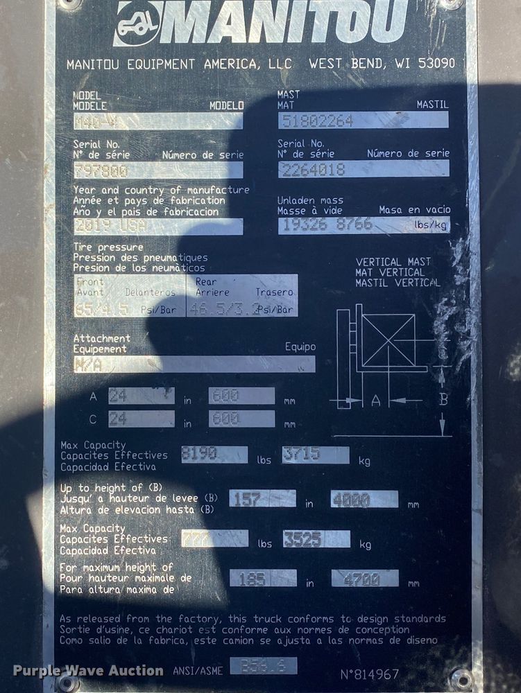 image for item JN9162 2019 Manitou M40-4  forklift