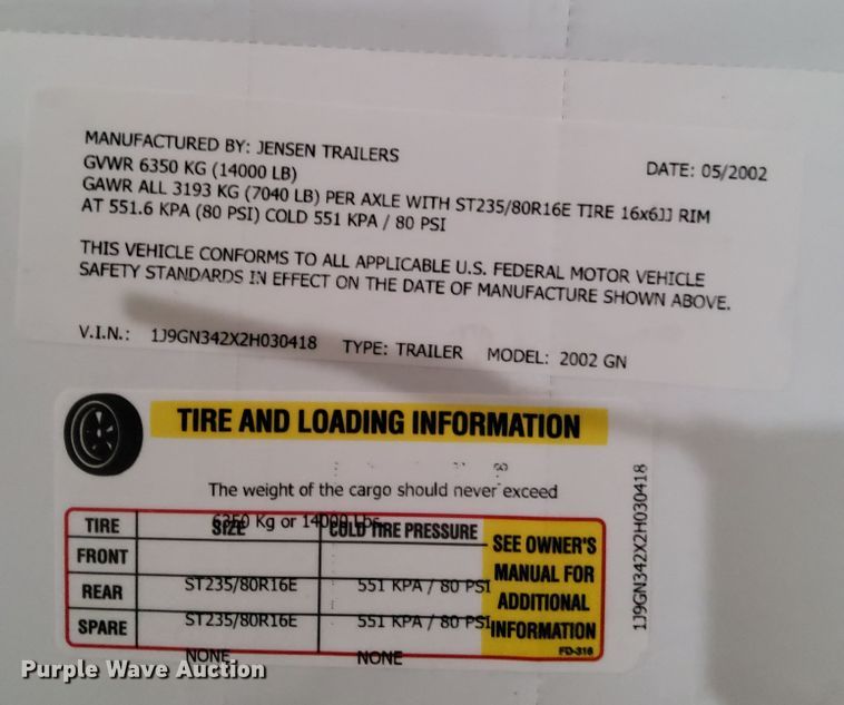 image for item KY9697 2002 Jensen  enclosed cargo trailer