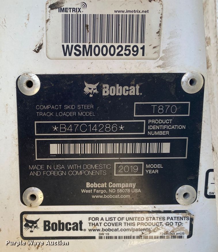 image for item DL6872 2019 Bobcat T870  tracked skid steer loader