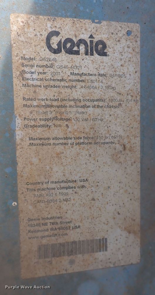image for item DN2405 2001 Genie GS-2646  scissor lift