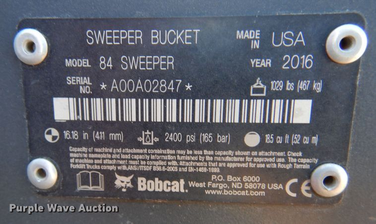 image for item JJ9688 2016 Bobcat 84" W skid steer broom