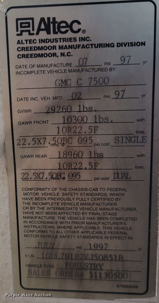 image for item KH9855 1997 GMC C7500  forestry bucket truck