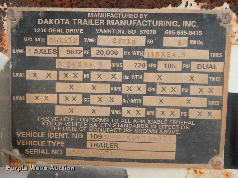 image for item DF0296 2013 Dakota  bottom dump trailer