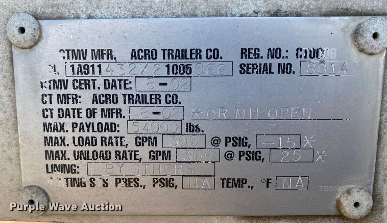 image for item DL1448 2002 Acro  vacuum trailer