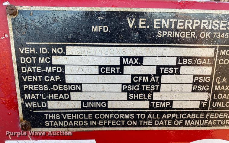 image for item DL1452 2008 VE  vacuum trailer