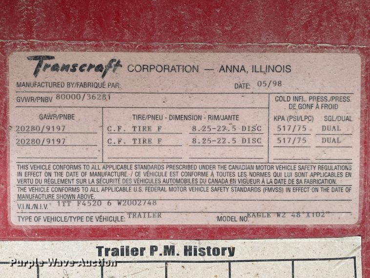 image for item IG9699 1998 Transcraft Eagle W2  flatbed trailer