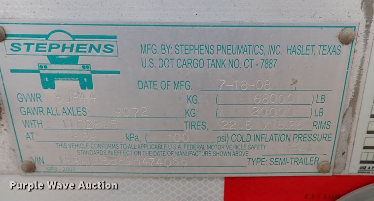 image for item IS9403 2009 Stephens  pneumatic dry bulk trailer