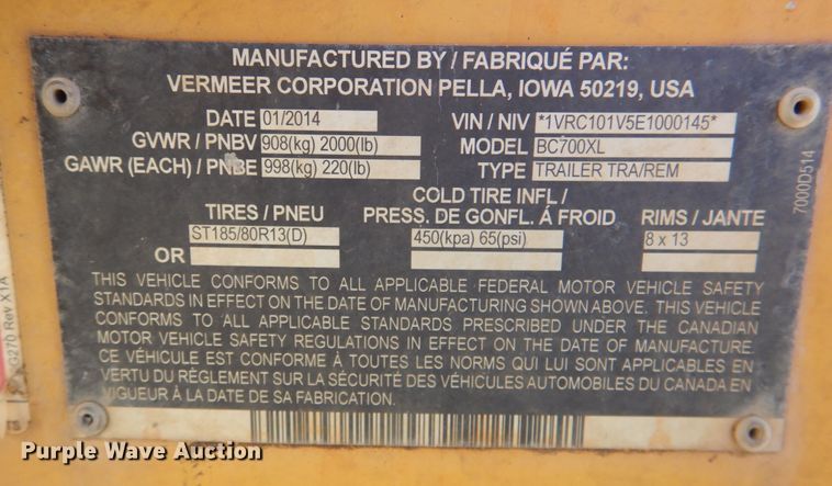 image for item DN2701 2014 Vermeer BC700XL  wood chipper