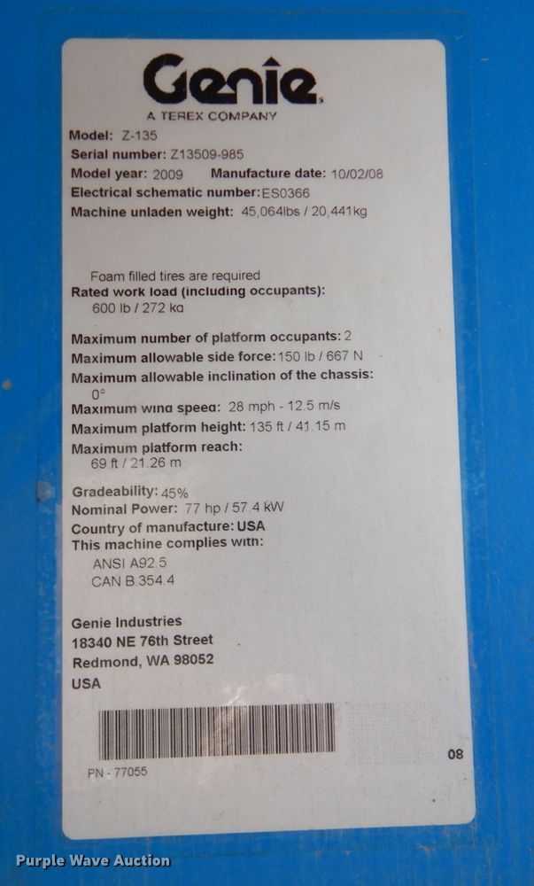 image for item DN2721 2009 Genie Z135  boom lift