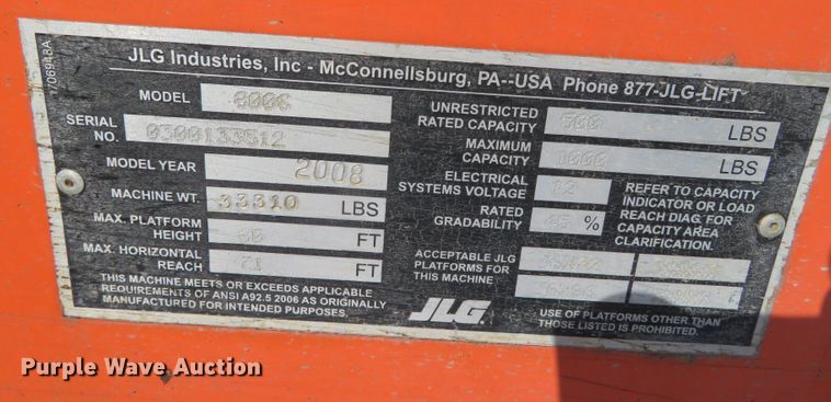 image for item DN7887 2008 JLG 800S  boom lift