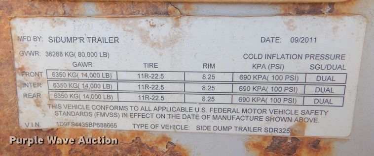 image for item KS9293 2011 SiDump'r SDR325  side dump trailer