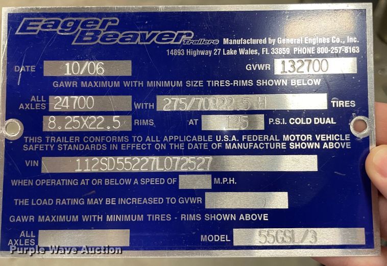 image for item DI1168 2007 Eager Beaver 55GSL  lowboy equipment trailer