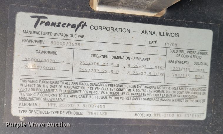 image for item DI1169 2009 Transcraft DTL-2100 W2  drop deck equipment trailer