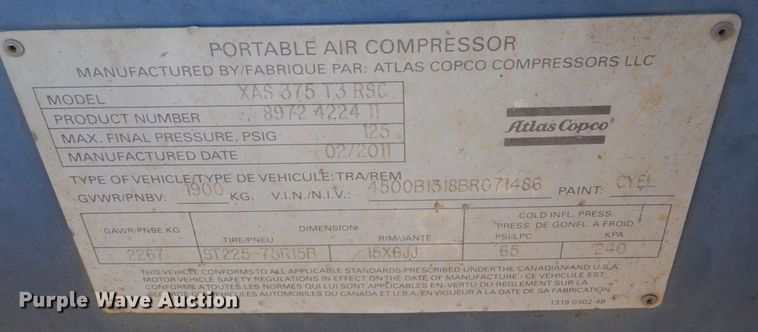image for item DI1172 2011 Atlas Copco XAS375T3RSC  air compressor