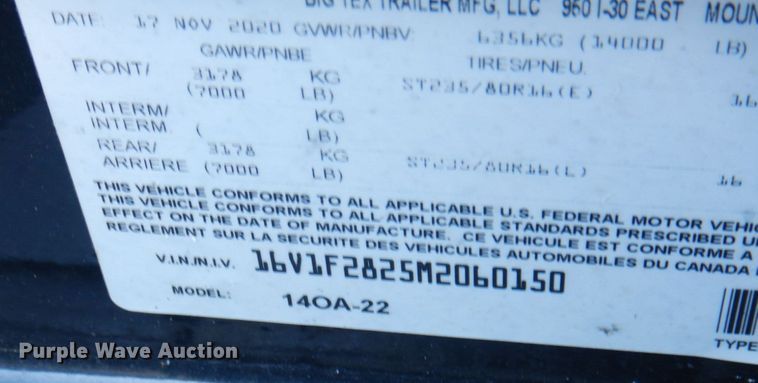 image for item DI1182 2021 Big Tex 140A  equipment trailer