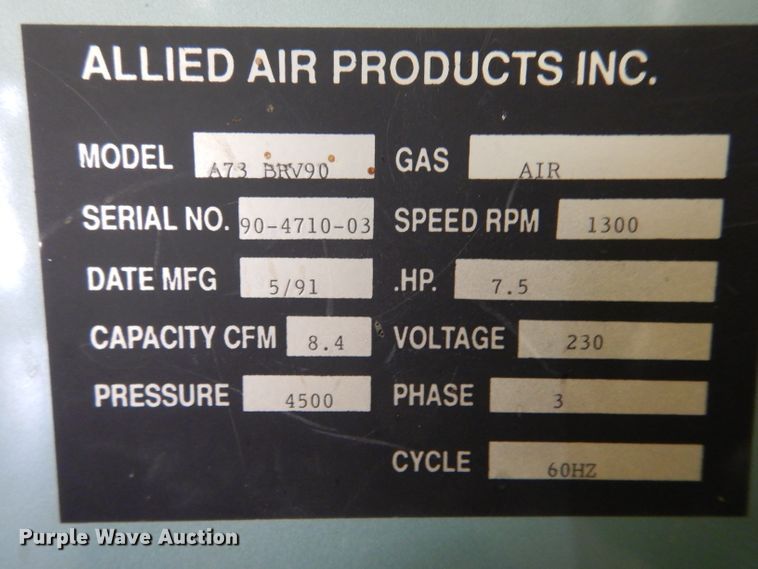 image for item IE9649 1991 Allied Air Products A73BRV90  air compressor