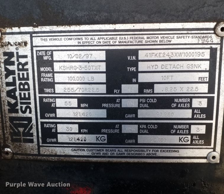 image for item DI8688 1998 Kalyn Siebert KSHRG-3-50TXT  lowboy equipment trailer